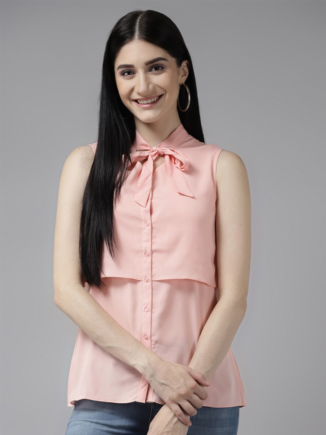 

BAESD Tie-Up Collar Sleeveless Top, Peach