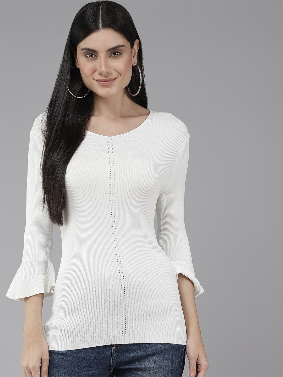 

BAESD Round Neck Bell Sleeve Ribbed Top, White