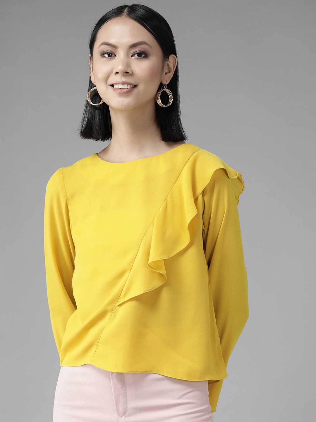 

BAESD Round Neck Long Sleeve Ruffed Top, Yellow