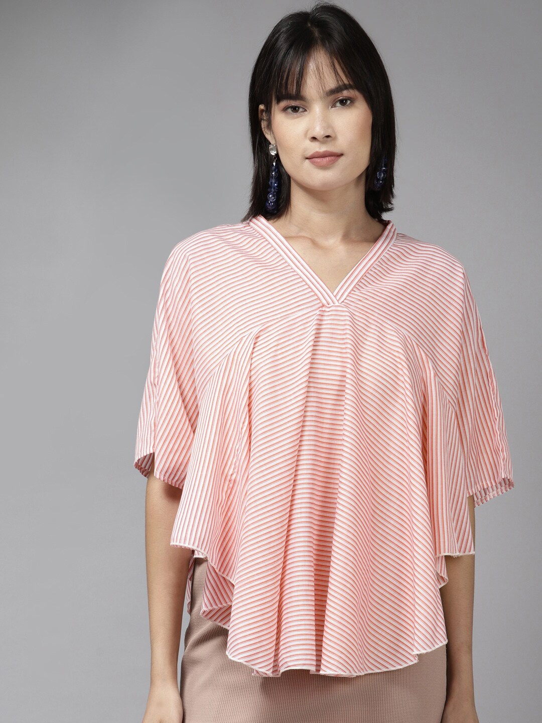 

BAESD Striped V-Neck Flared Sleeve Top, Pink