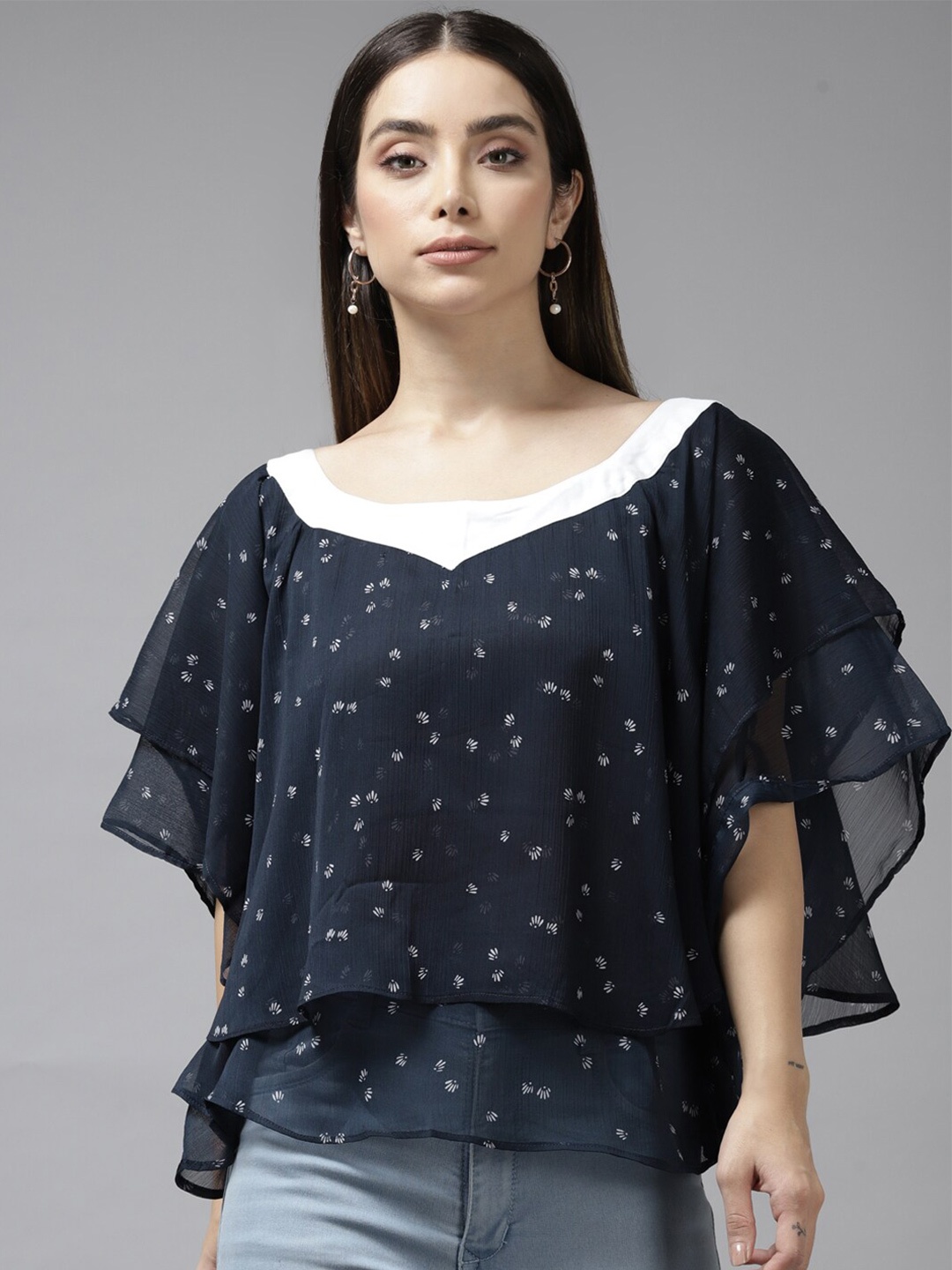 

BAESD Conversational Printed Flared Sleeve Top, Navy blue