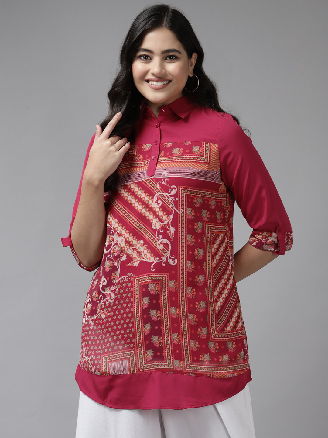 

BAESD Ethnic Motifs Printed Shirt Collar Tunic, Pink