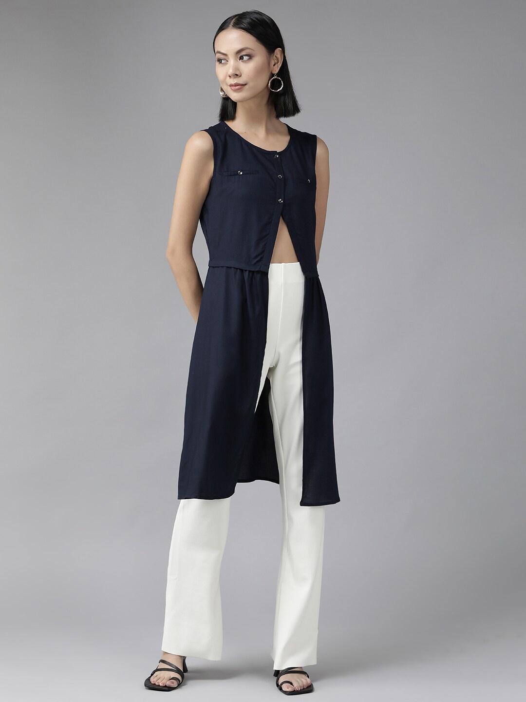 

BAESD Round Neck Front Slit Longline Top, Navy blue