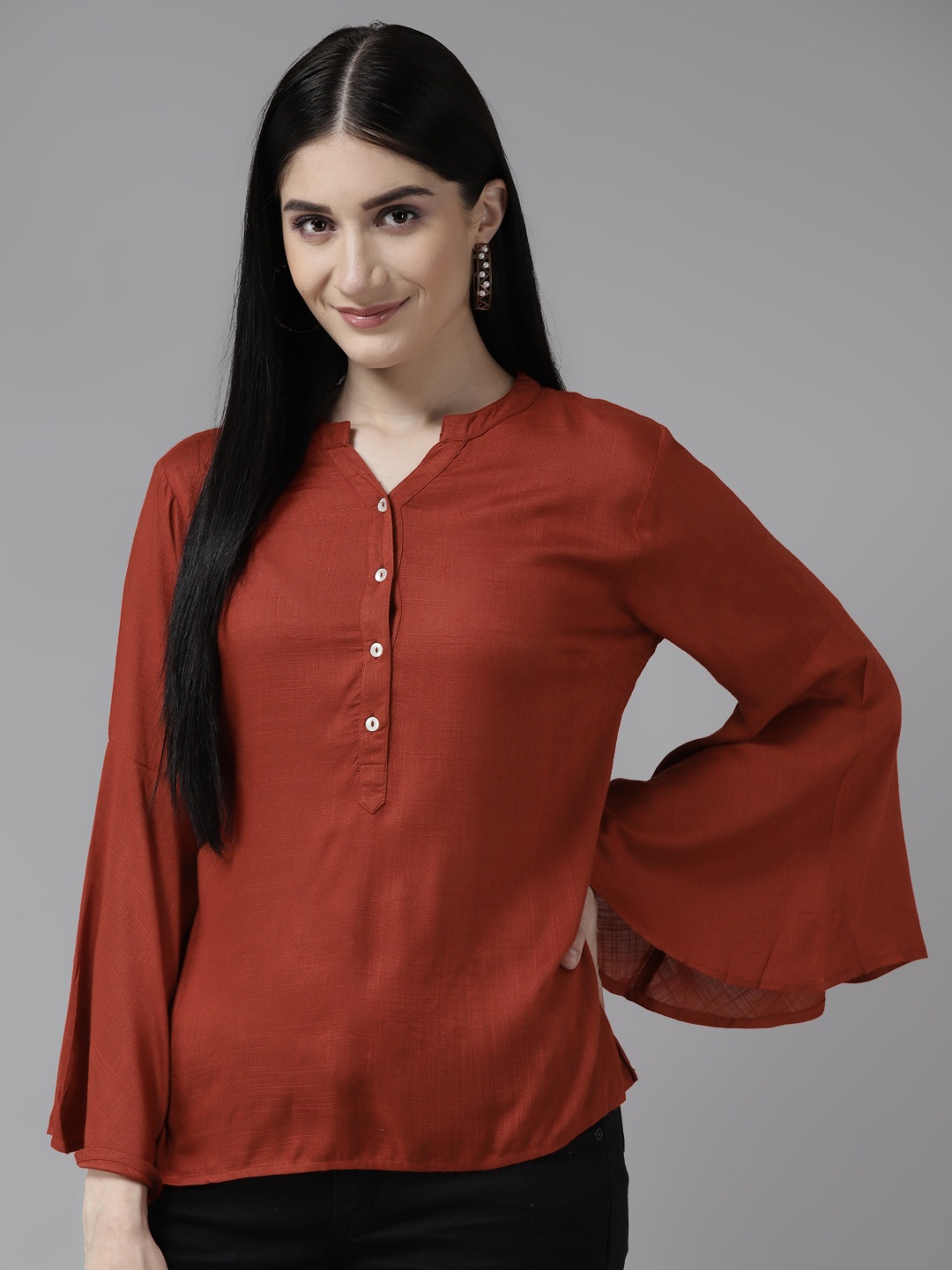 

BAESD Mandarin Collar Bell Sleeve Shirt Style Top, Maroon