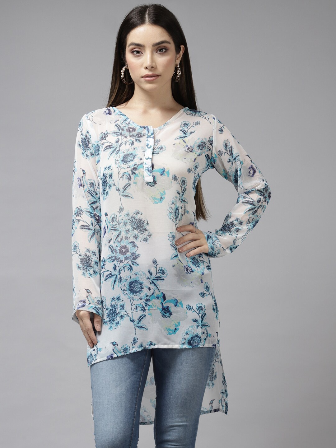 

BAESD Floral Printed Styled Back Longline Top, White