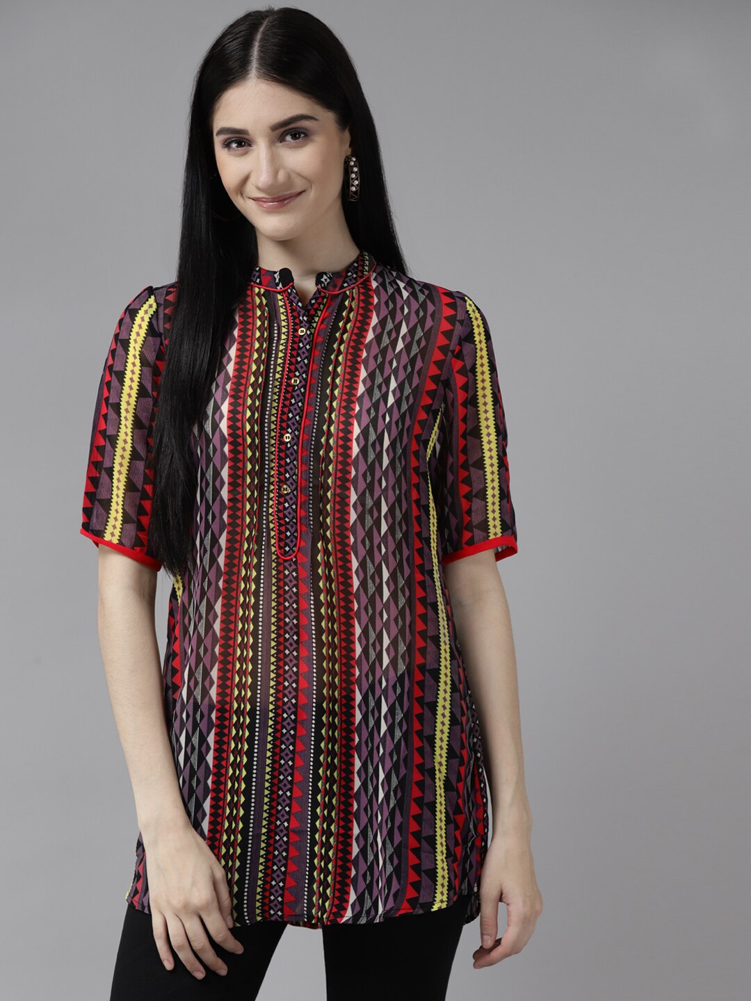 

BAESD Multicoloured Print Mandarin Collar Shirt Style Top, Multi