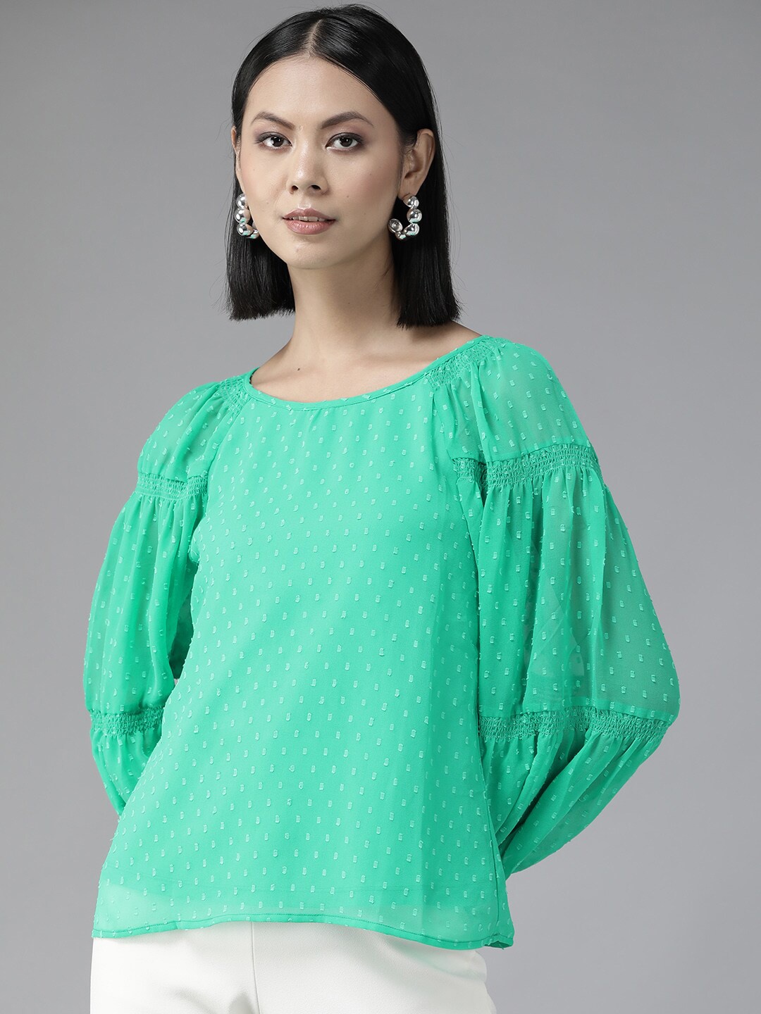 

BAESD Green Puff Sleeve Blouson Top