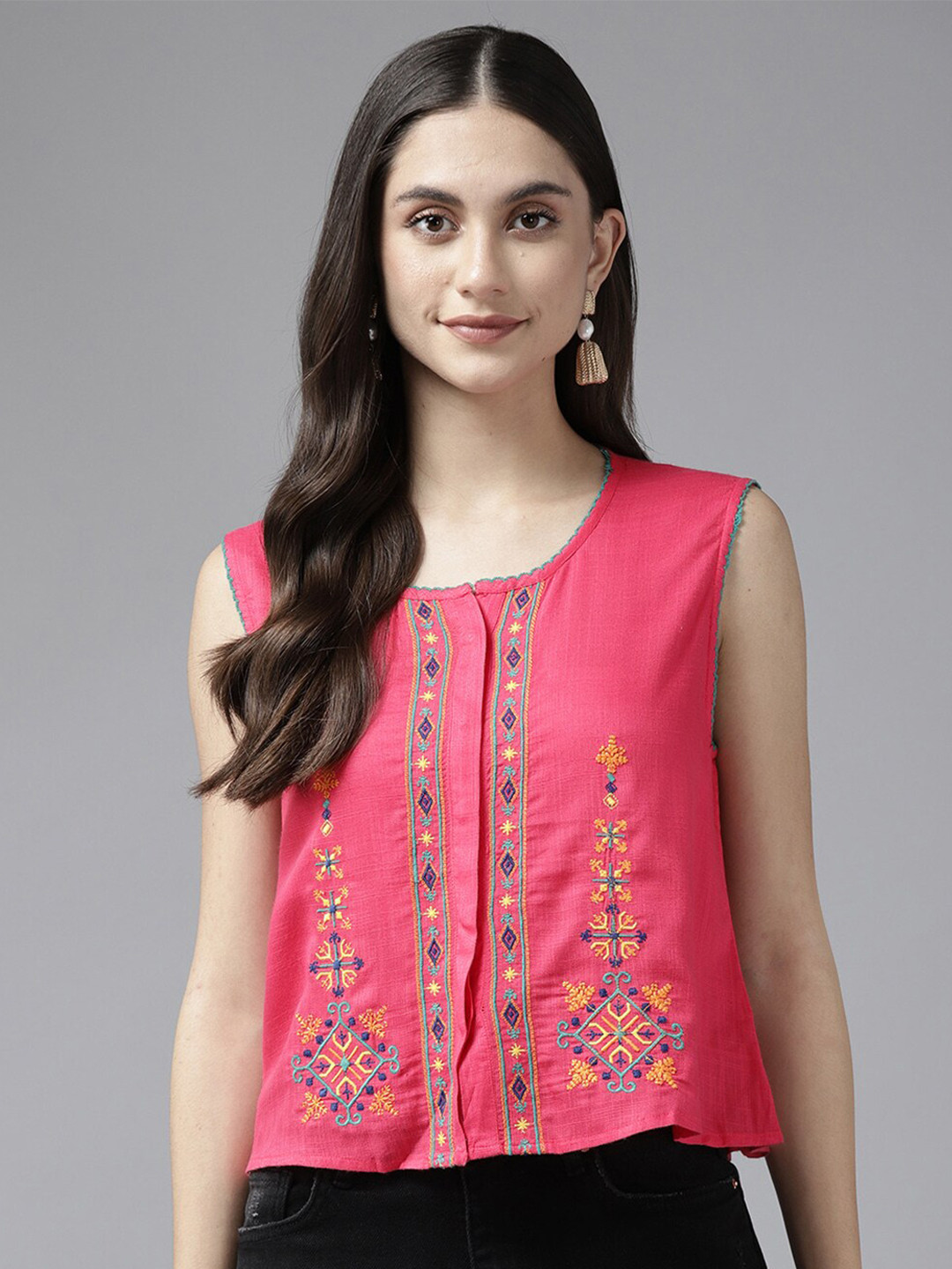 

BAESD Ethnic Motif Printed Sleeveless Top, Pink