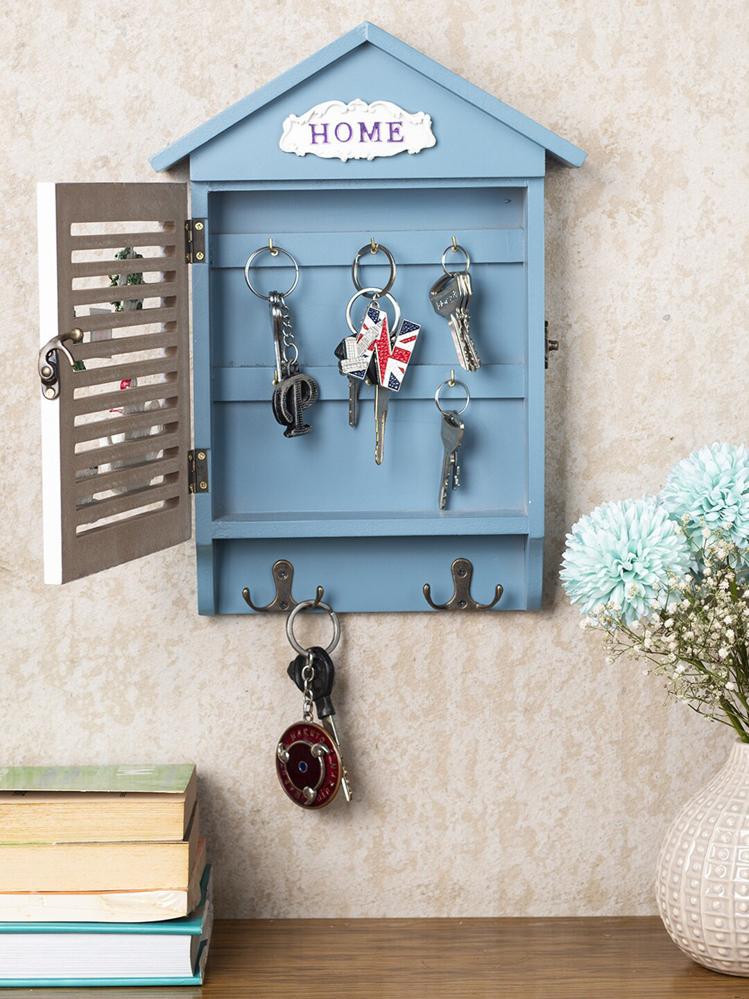 

MARKET99 Blue & White Wood House Shaped Key Box