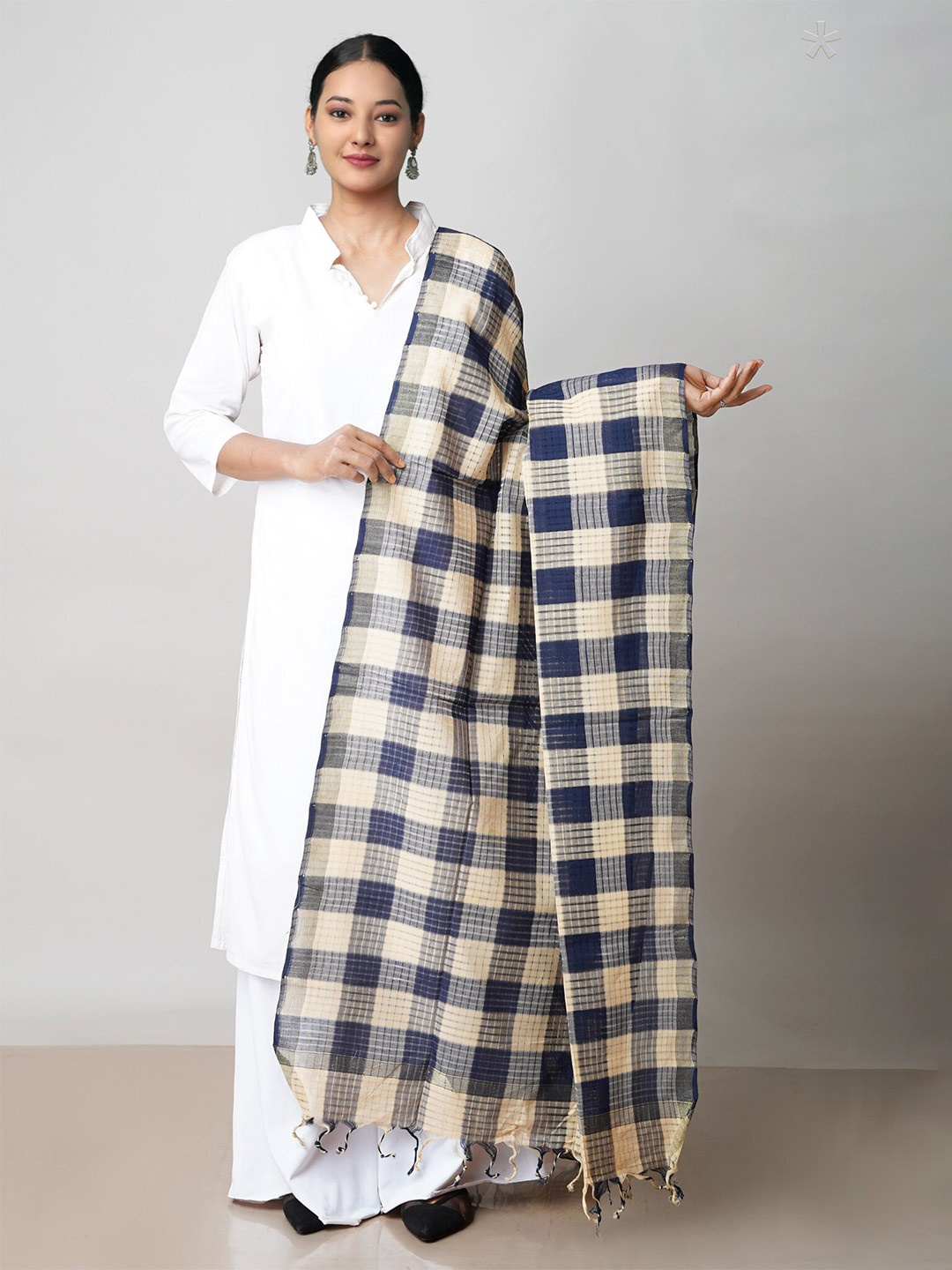 

Unnati Silks Checked Pure Cotton Dupatta With Zari, Navy blue