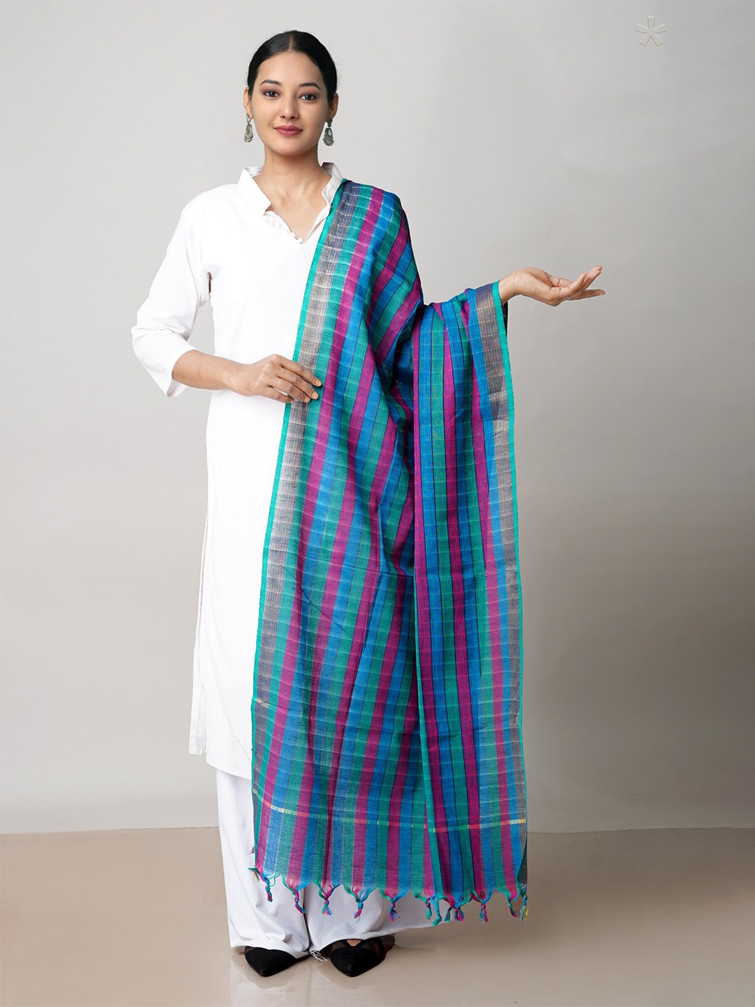 

Unnati Silks Striped Pure Cotton Dupatta With Zari, Blue