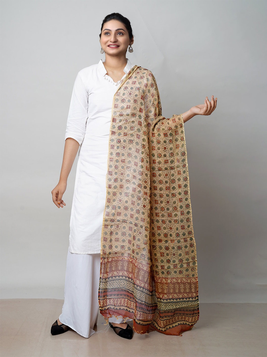 

Unnati Silks Ethnic Motifs Block Printed Pure Cotton Kota Dupatta, Beige