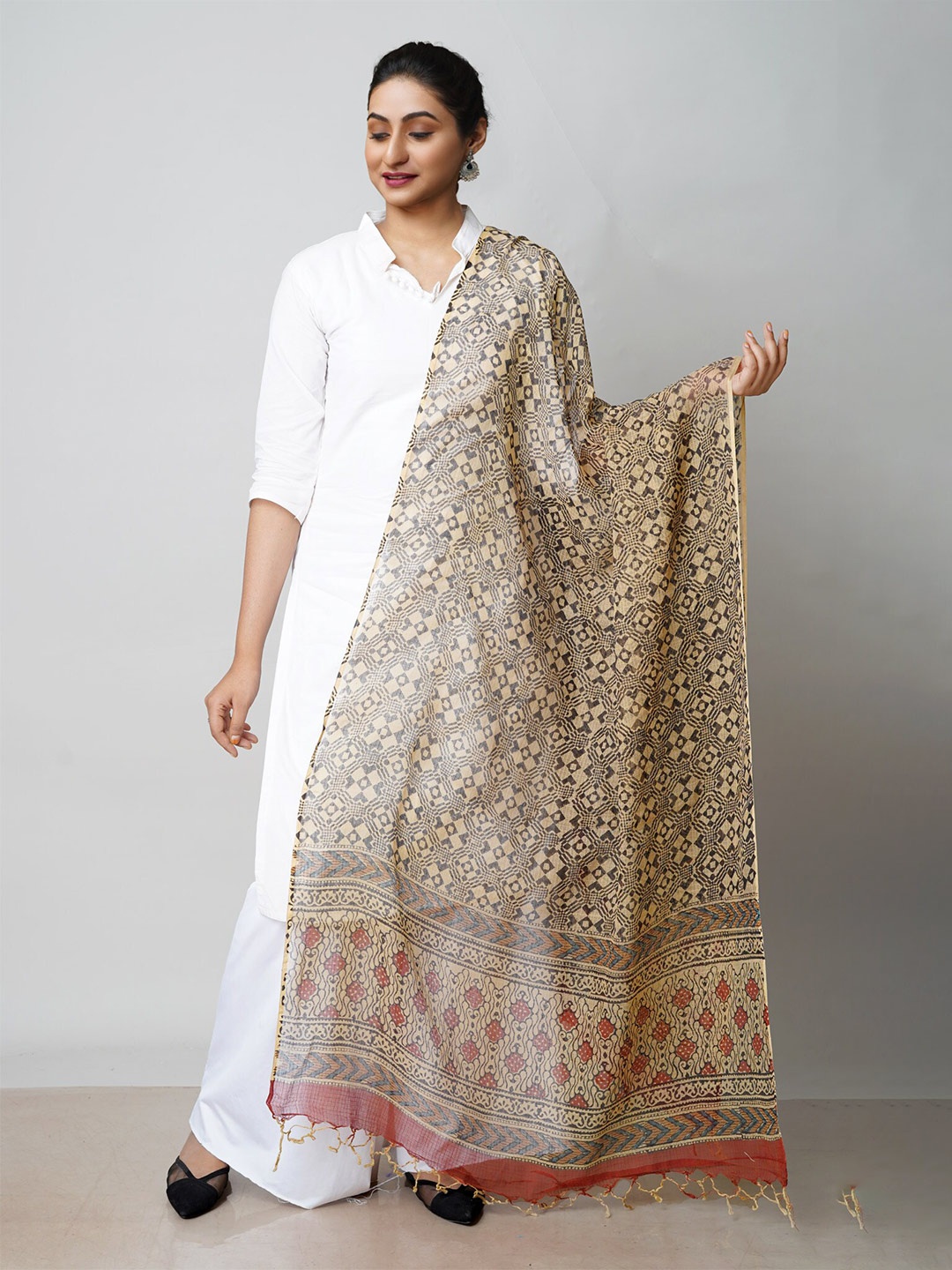

Unnati Silks Ethnic Motifs Block Printed Pure Cotton Dupatta, Brown