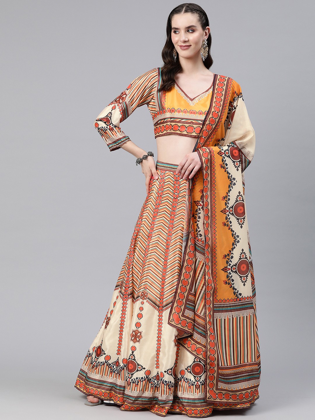 

Readiprint Fashions Printed Stones-Studded Ready to Wear Lehenga & Blouse With Dupatta, Cream