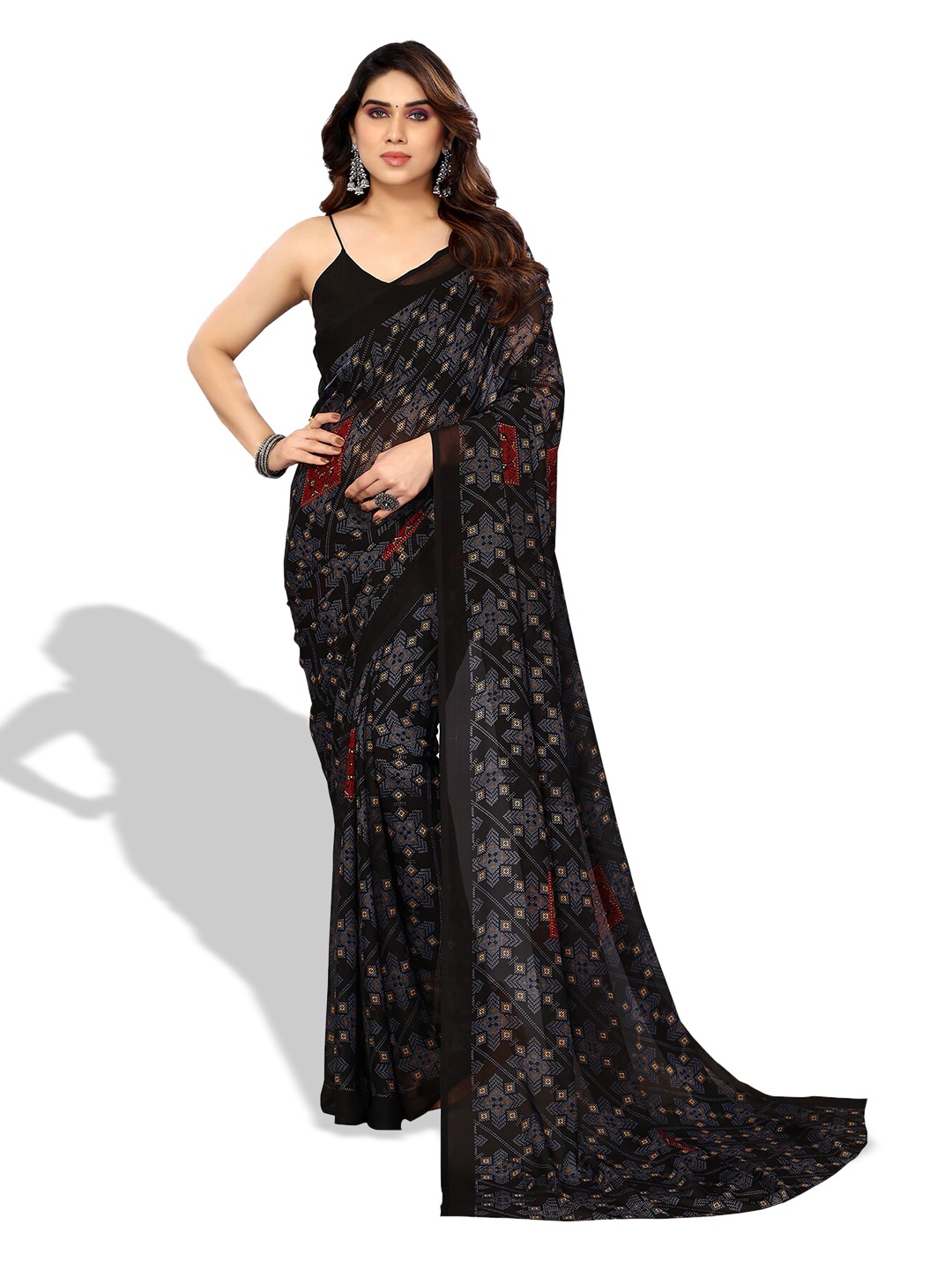 

ANAND SAREES Ethnic Motifs Printed Pure Georgette Saree, Black