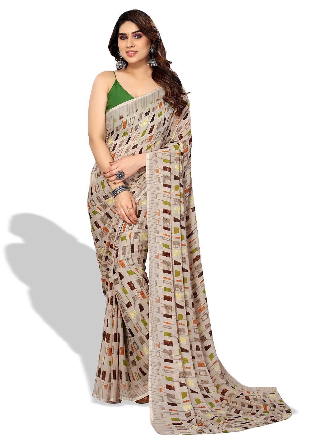 

ANAND SAREES Geometric Printed Pure Georgette Saree, Beige