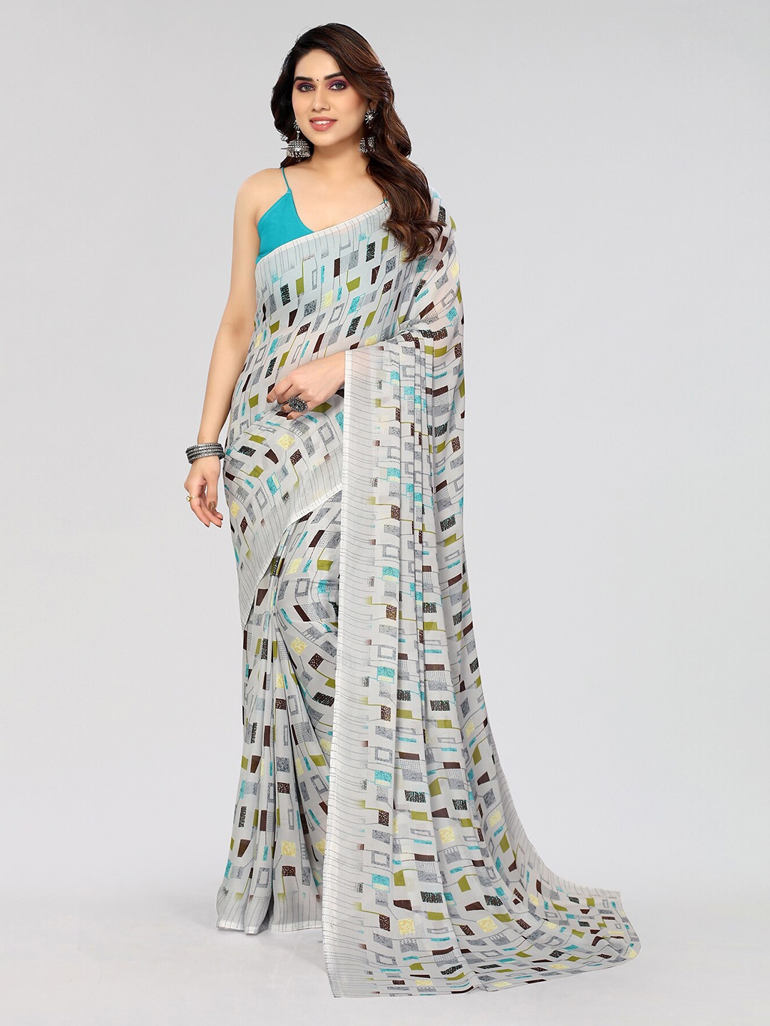 

ANAND SAREES Geometric Printed Pure Georgette Saree, Grey