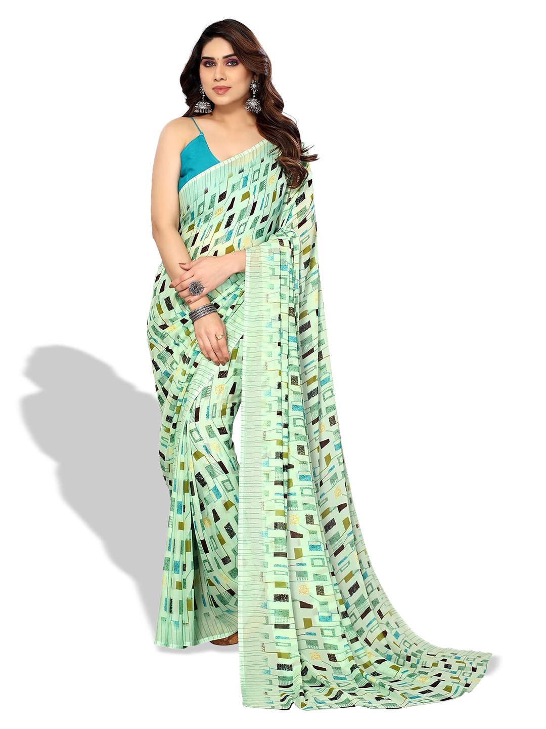 

ANAND SAREES Geometric Printed Pure Georgette Saree, Sea green