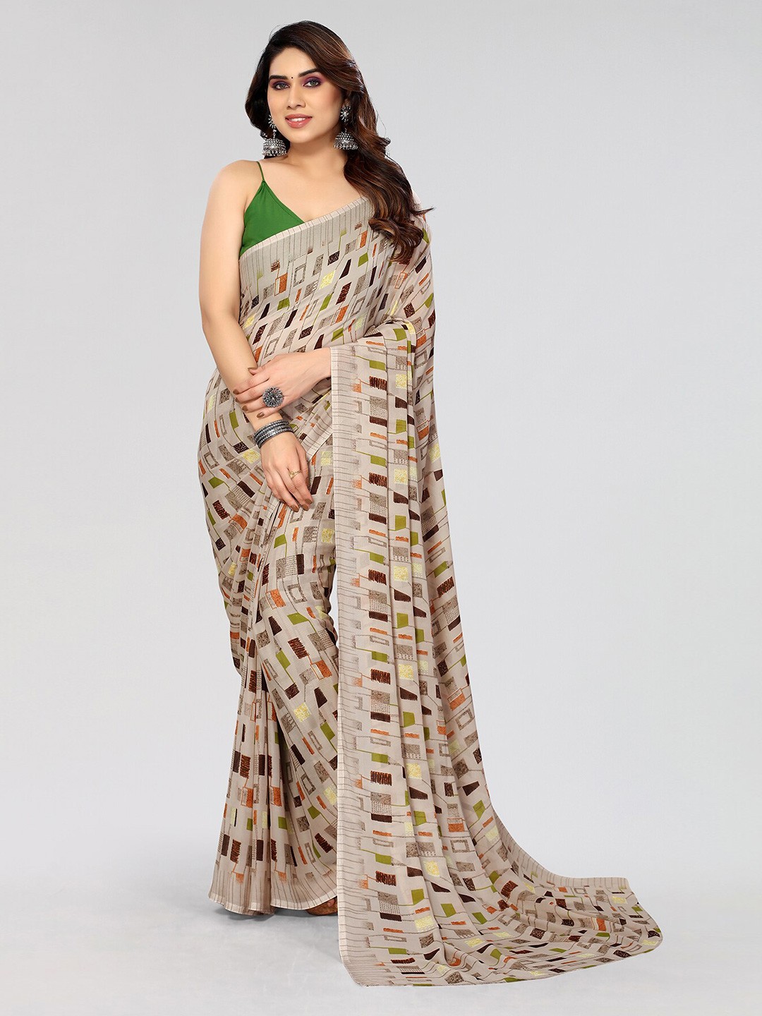 

ANAND SAREES Geoemtric Printed Pure Georgette Saree, Beige