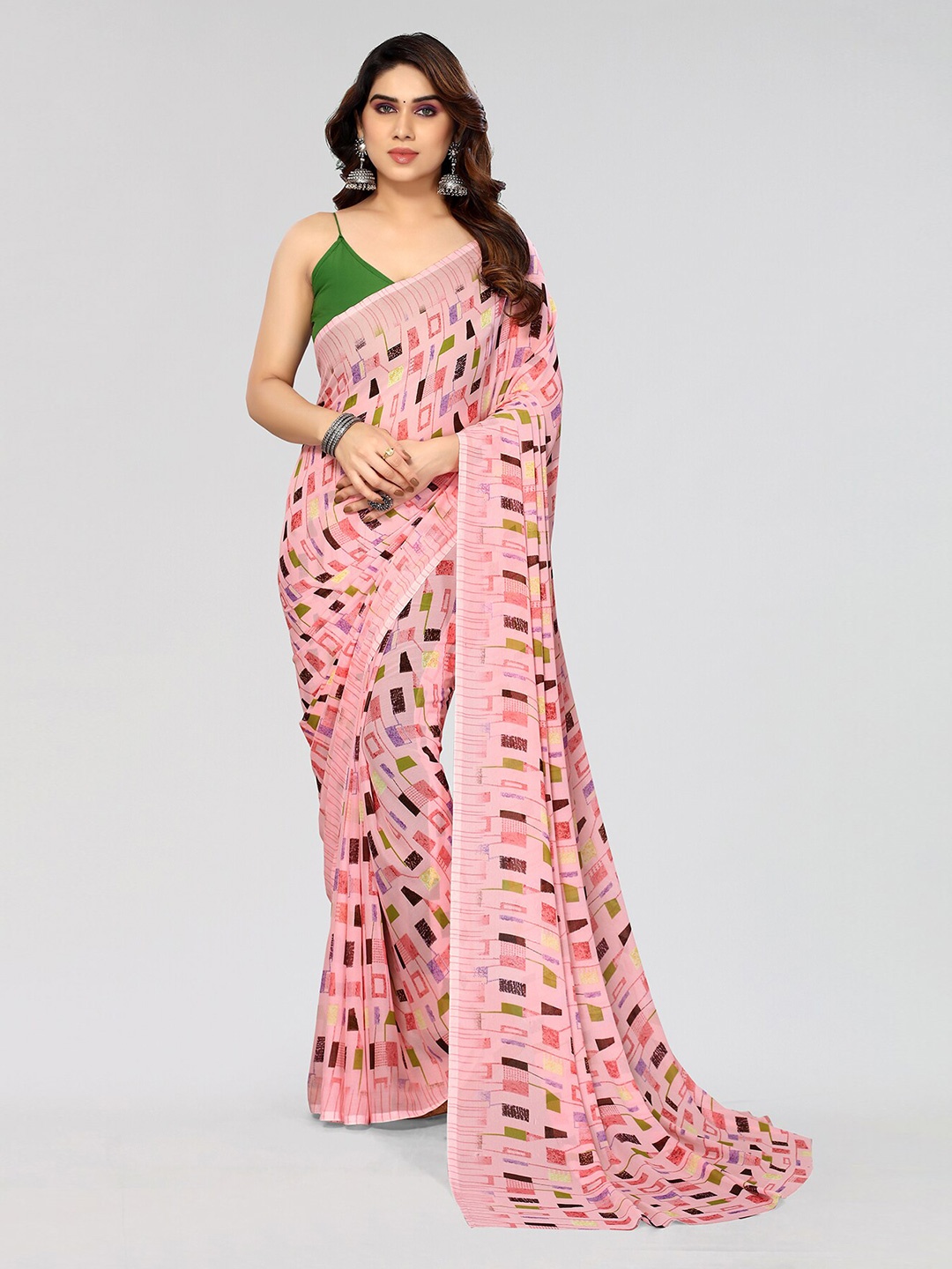 

ANAND SAREES Geometric Printed Pure Georgette Saree, Pink