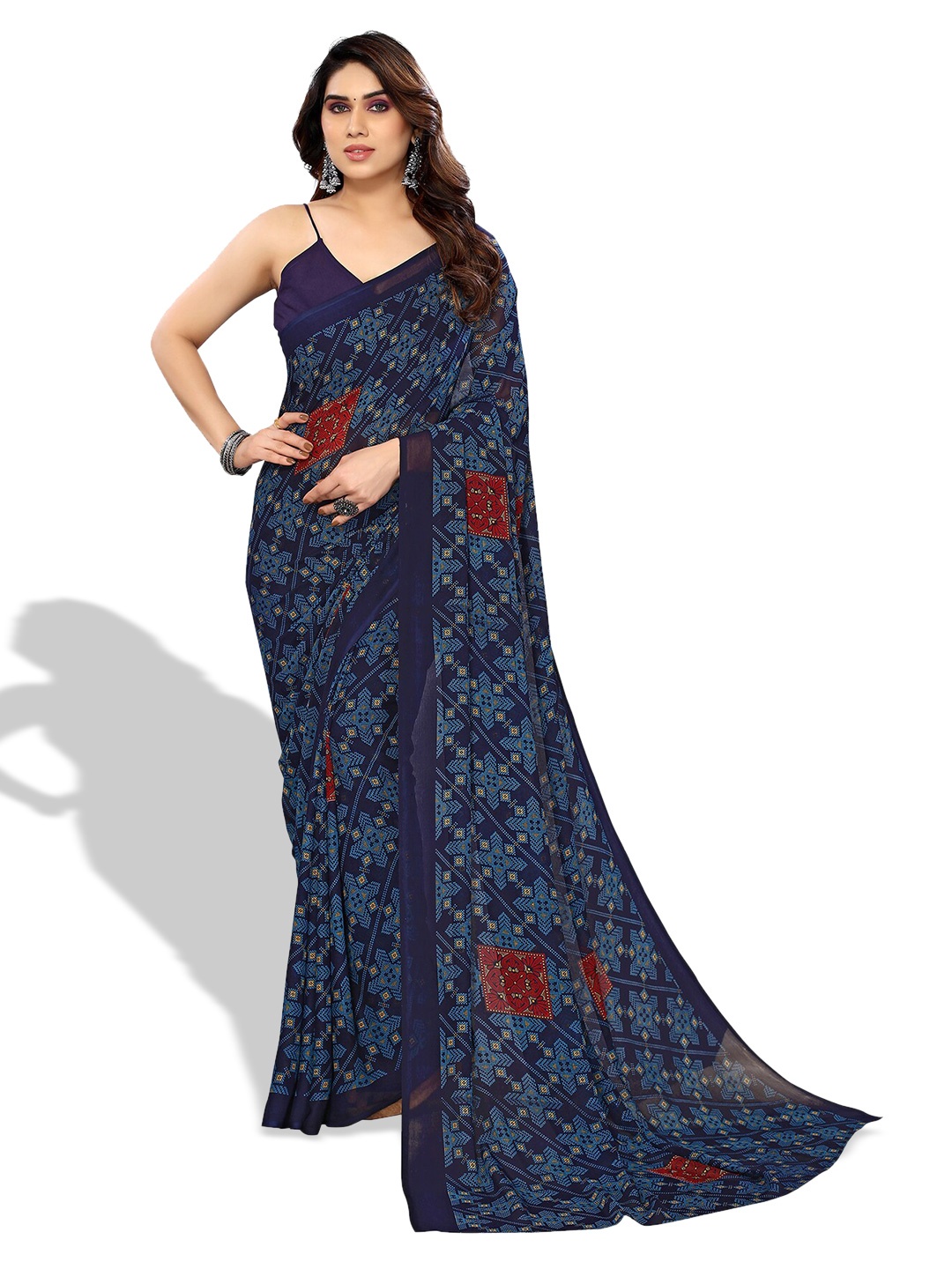 

ANAND SAREES Ethnic Motifs Printed Pure Georgette Saree, Navy blue