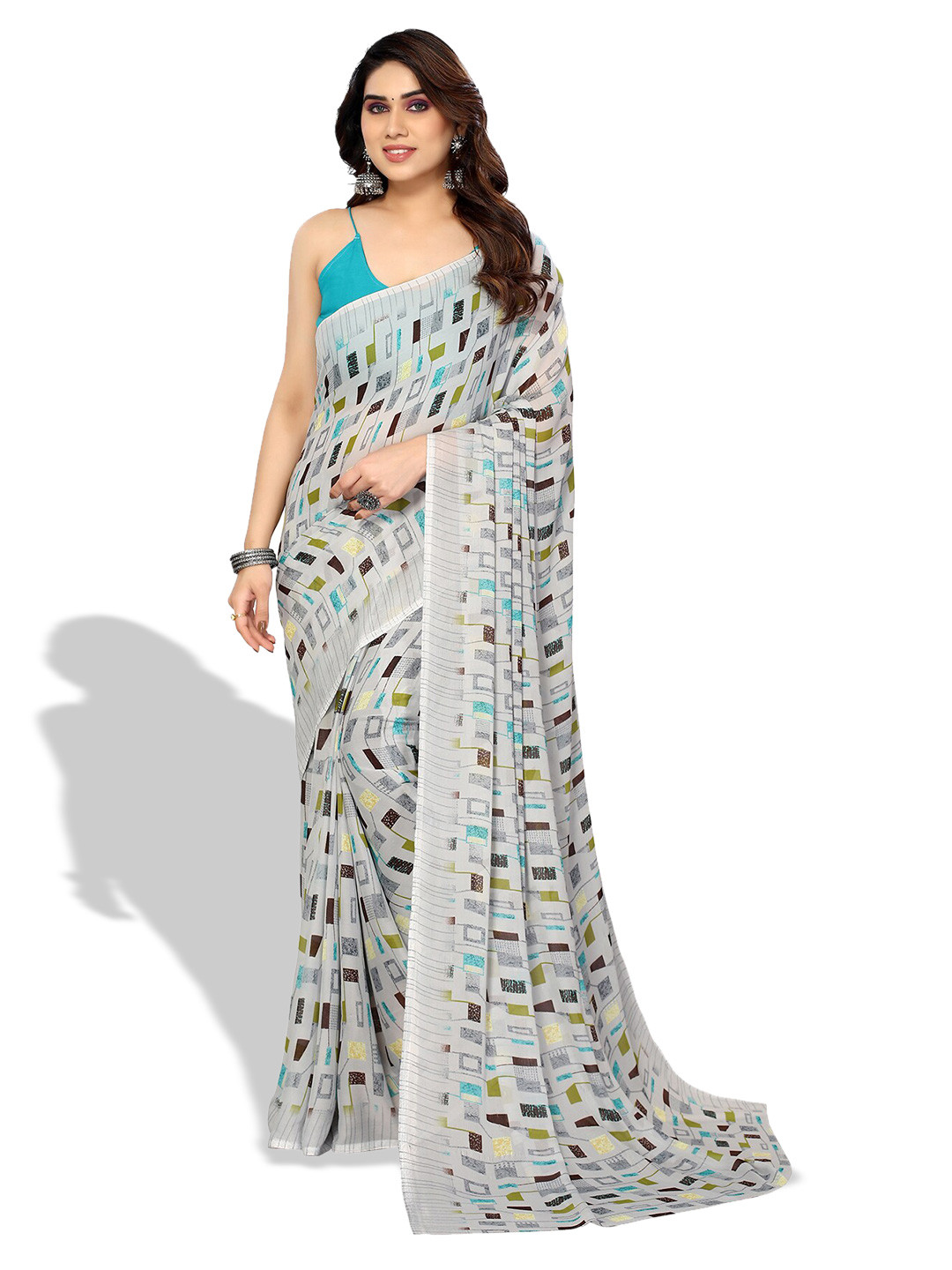 

ANAND SAREES Geometric Printed Pure Georgette Saree, Grey