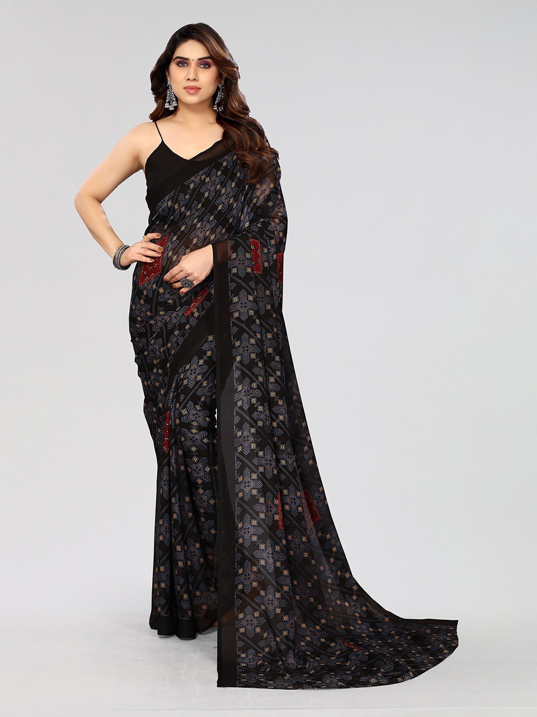 

ANAND SAREES Ethnic Motifs Printed Pure Georgette Saree, Black