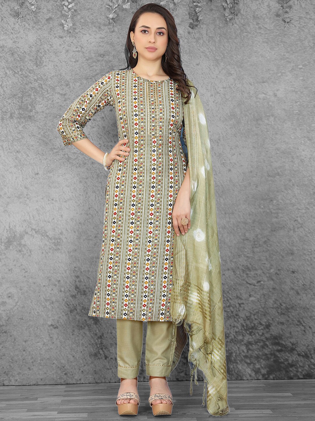 

KALINI Geometric Printed Kurta With Trousers & Dupatta, Beige