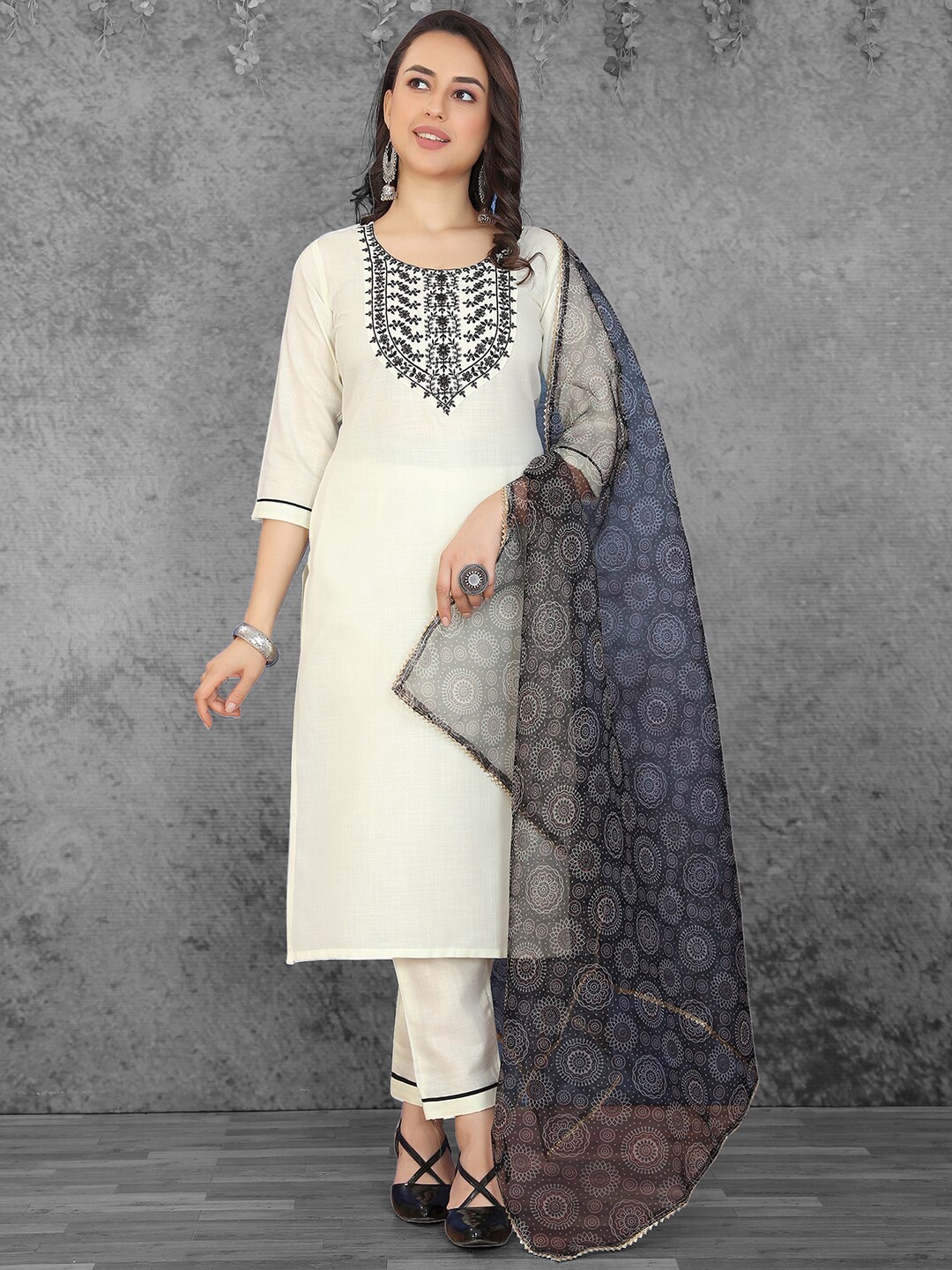

KALINI Yoke Design Embroidered Kurta with Palazzos & With Dupatta, Cream
