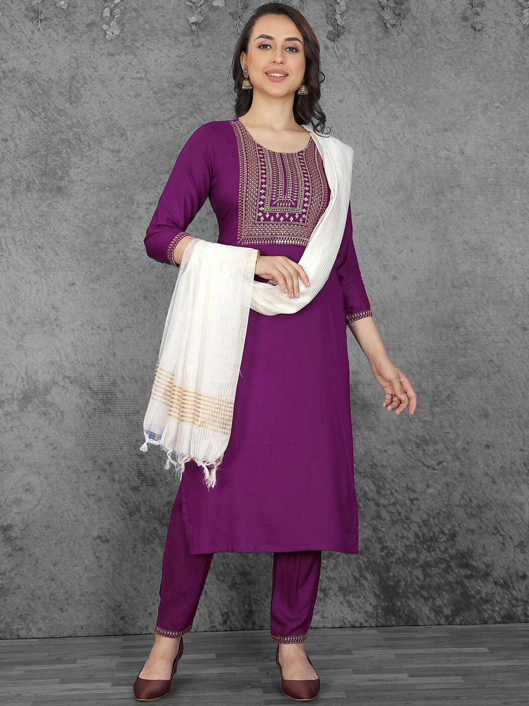 

KALINI Ethnic Motifs Embroidered Yoke Design Kurta With Trousers & Dupatta, Purple