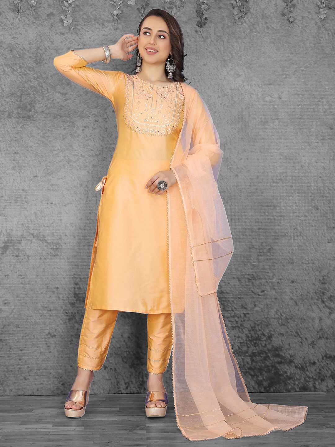 

KALINI Ethnic Motifs Embroidered Yoke Design Kurta With Trousers & Dupatta, Peach