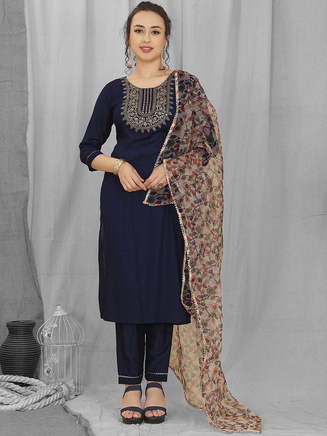 

KALINI Floral Yoke Design Sequinned Kurta With Palazzos & Dupatta, Navy blue