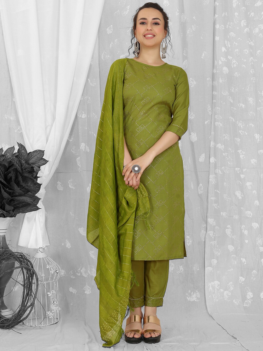 

KALINI Geometric Printed Kurta With Palazzos & Dupatta, Olive