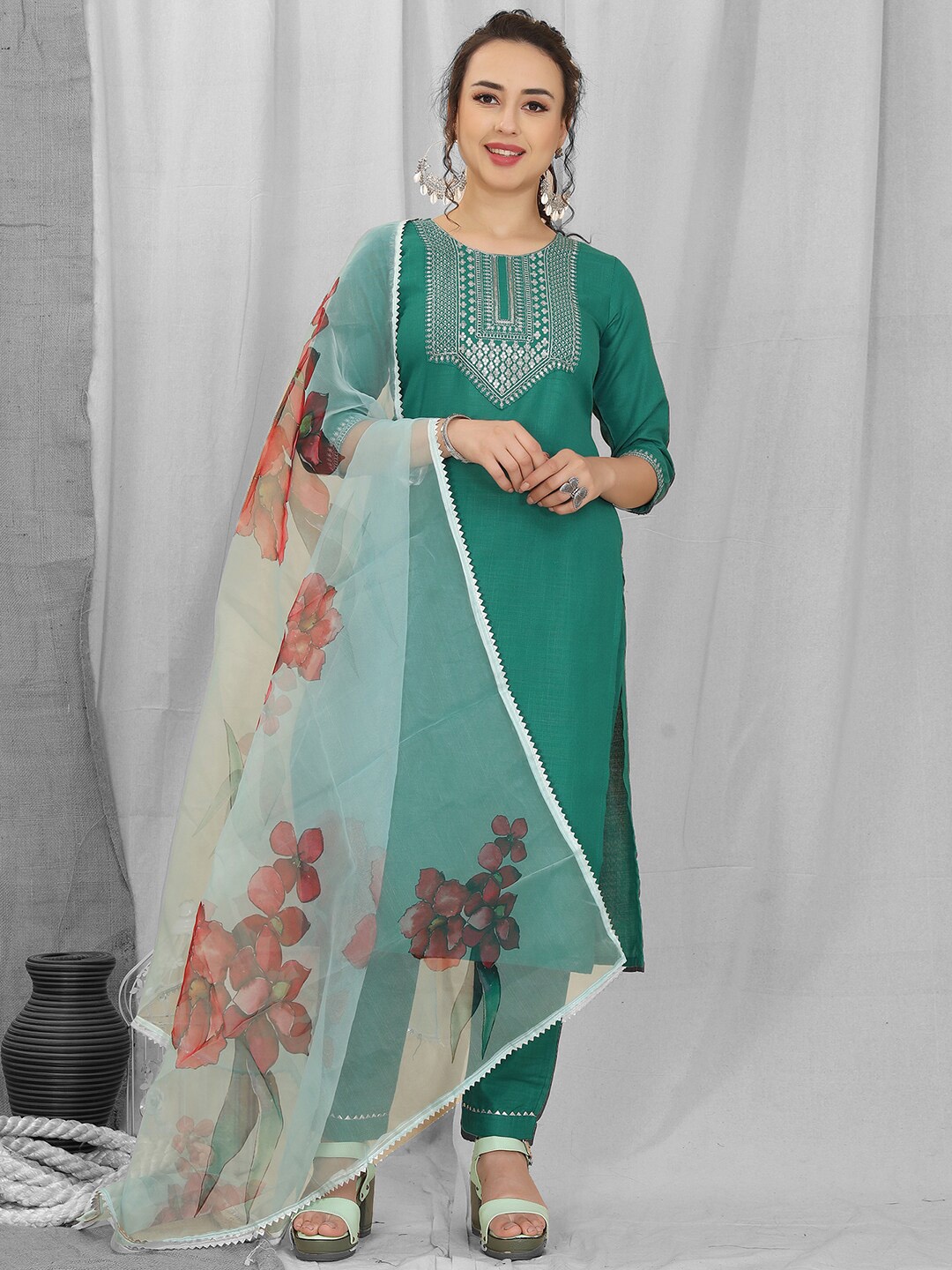 

KALINI Floral Yoke Design Sequinned Kurta With Palazzos & Dupatta, Teal
