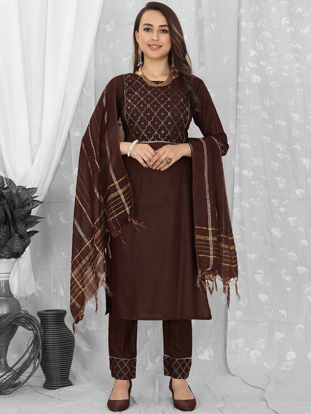 

KALINI Ethnic Motifs Yoke Design Regular Kurta with Palazzos & Dupatta, Brown