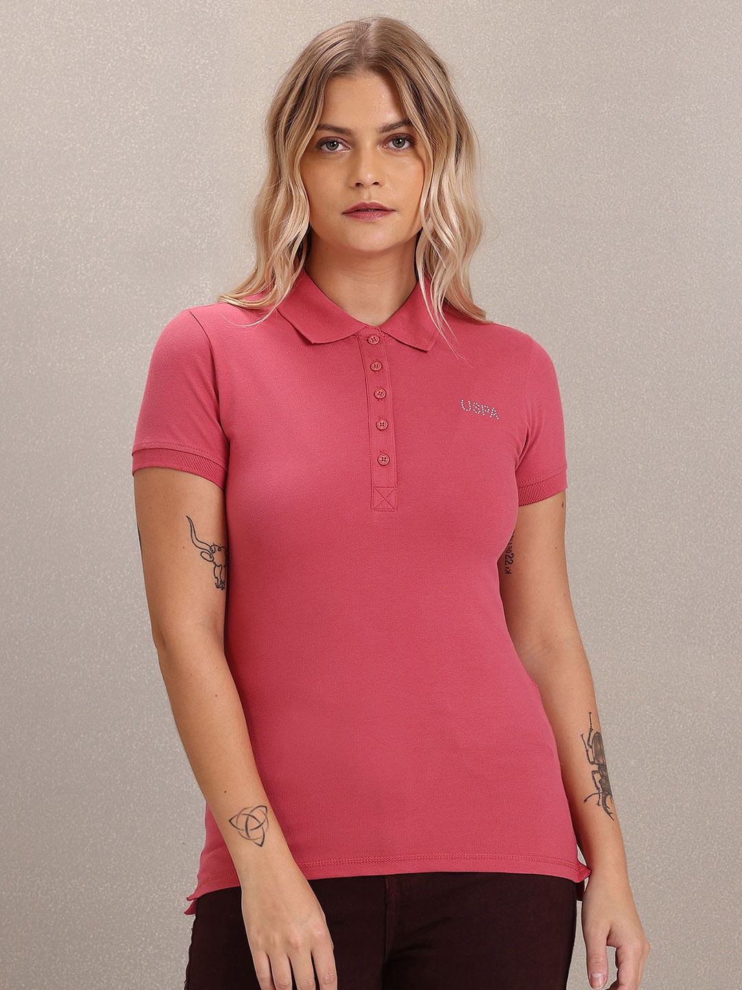 

U.S. Polo Assn. Women Polo Collar Slim Fit T-shirt, Red