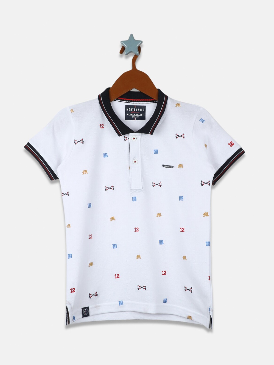 

Monte Carlo Boys Conversational Printed Polo Collar Pure Cotton T-Shirt, White