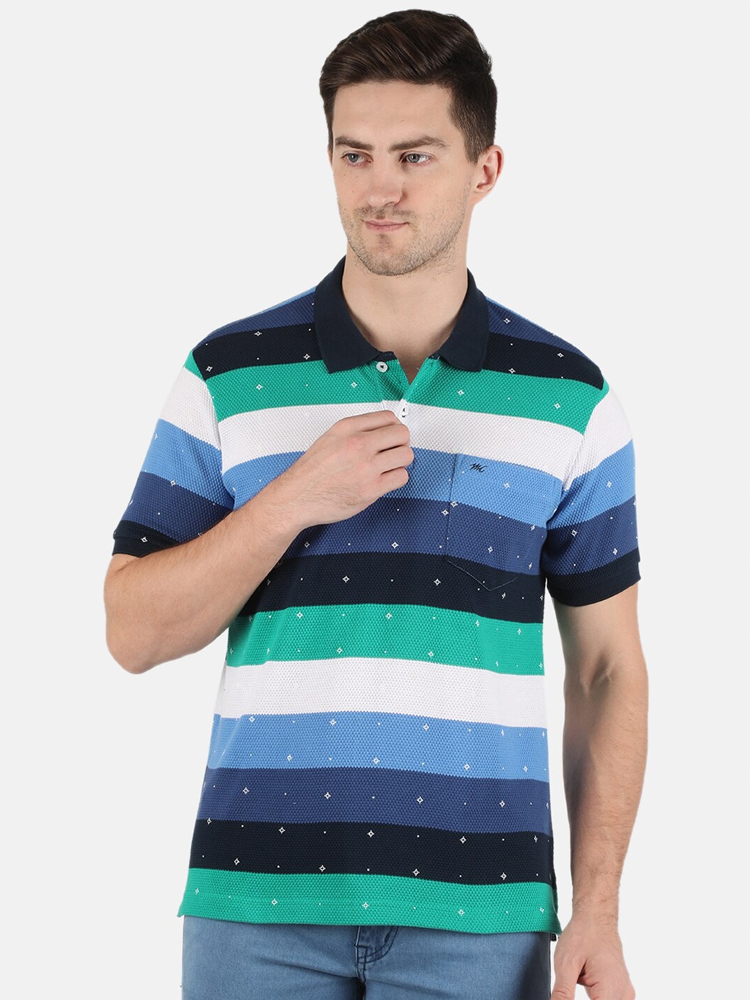 

Monte Carlo Striped Polo Collar Pockets T-shirt, Blue