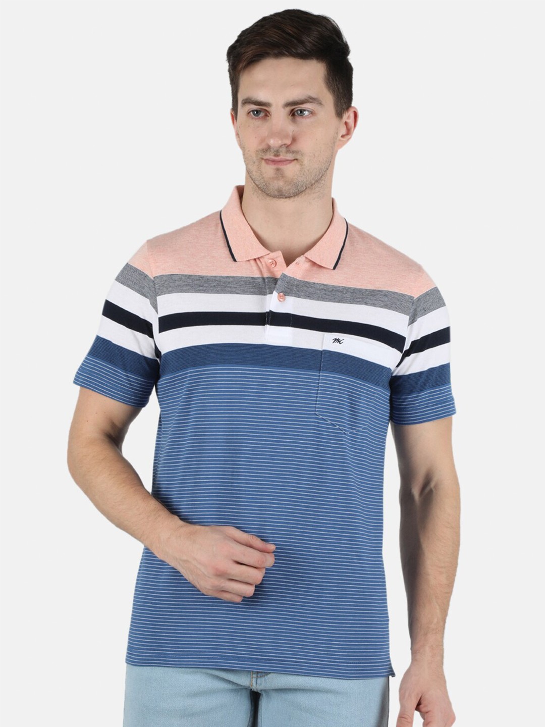 

Monte Carlo Men Pink Striped Polo Collar Pockets T-shirt