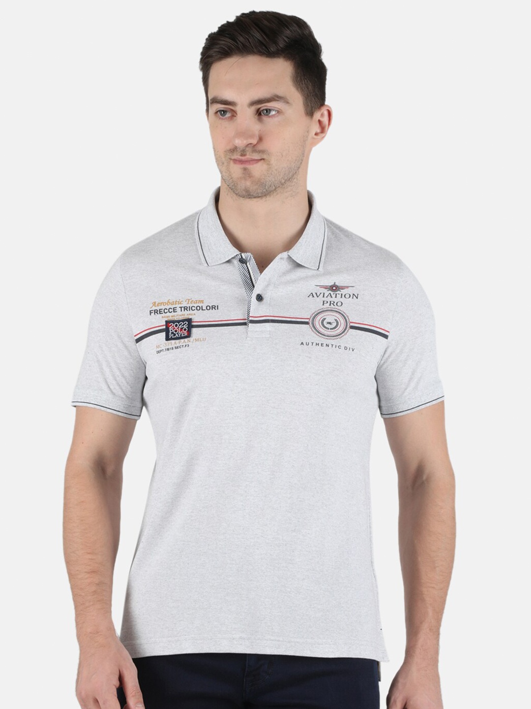 Monte Carlo Typography Printed Polo Collar Cotton Slim Fit T-shirt, Grey