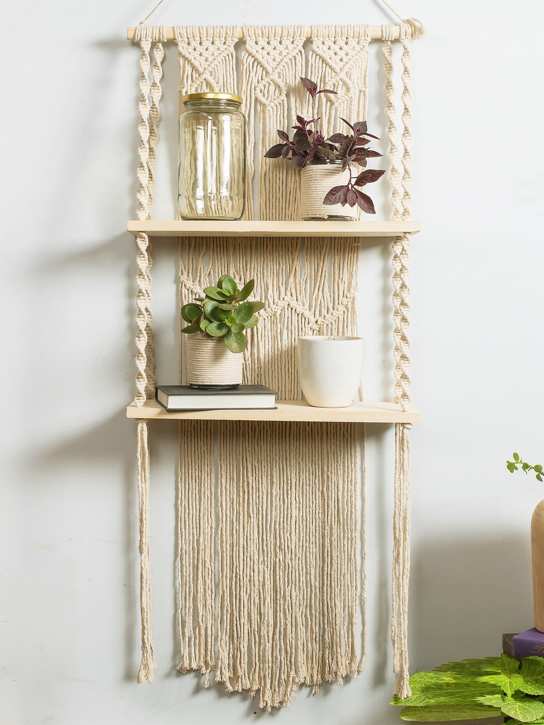 Decazone Beige Hand Knotted Cotton Rope Macrame Wall Hanging With Attached Shelves