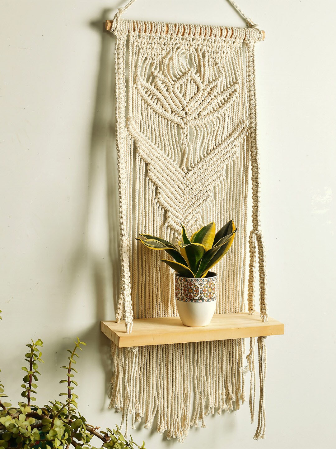 

Decazone Beige Woven Macrame Wall Hanging With Floating Shelf & Modern Wooden Dowel