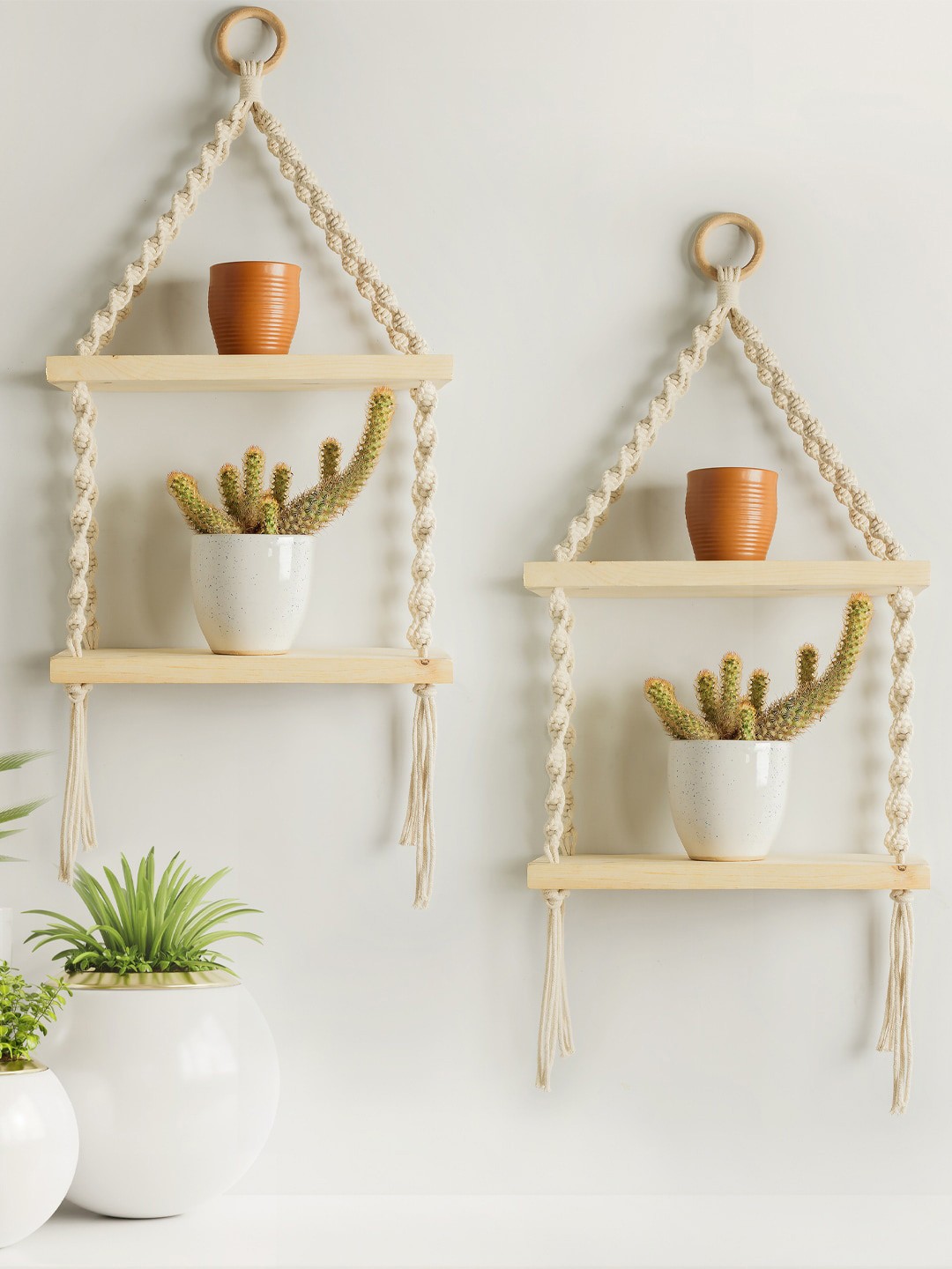 

Decazone Beige Bohemian Style Macrame Hanging Wall Decor with Attached Wooden Planks