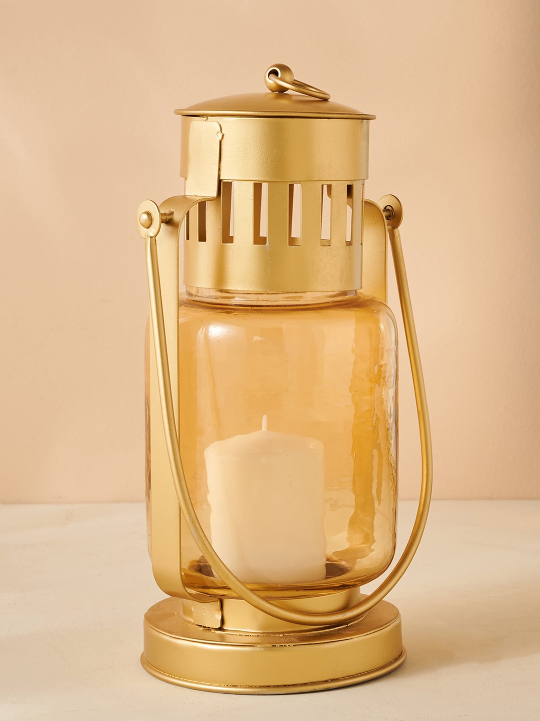 

Home Centre Yellow & Metallic-Toned Glass and Iron Lantern