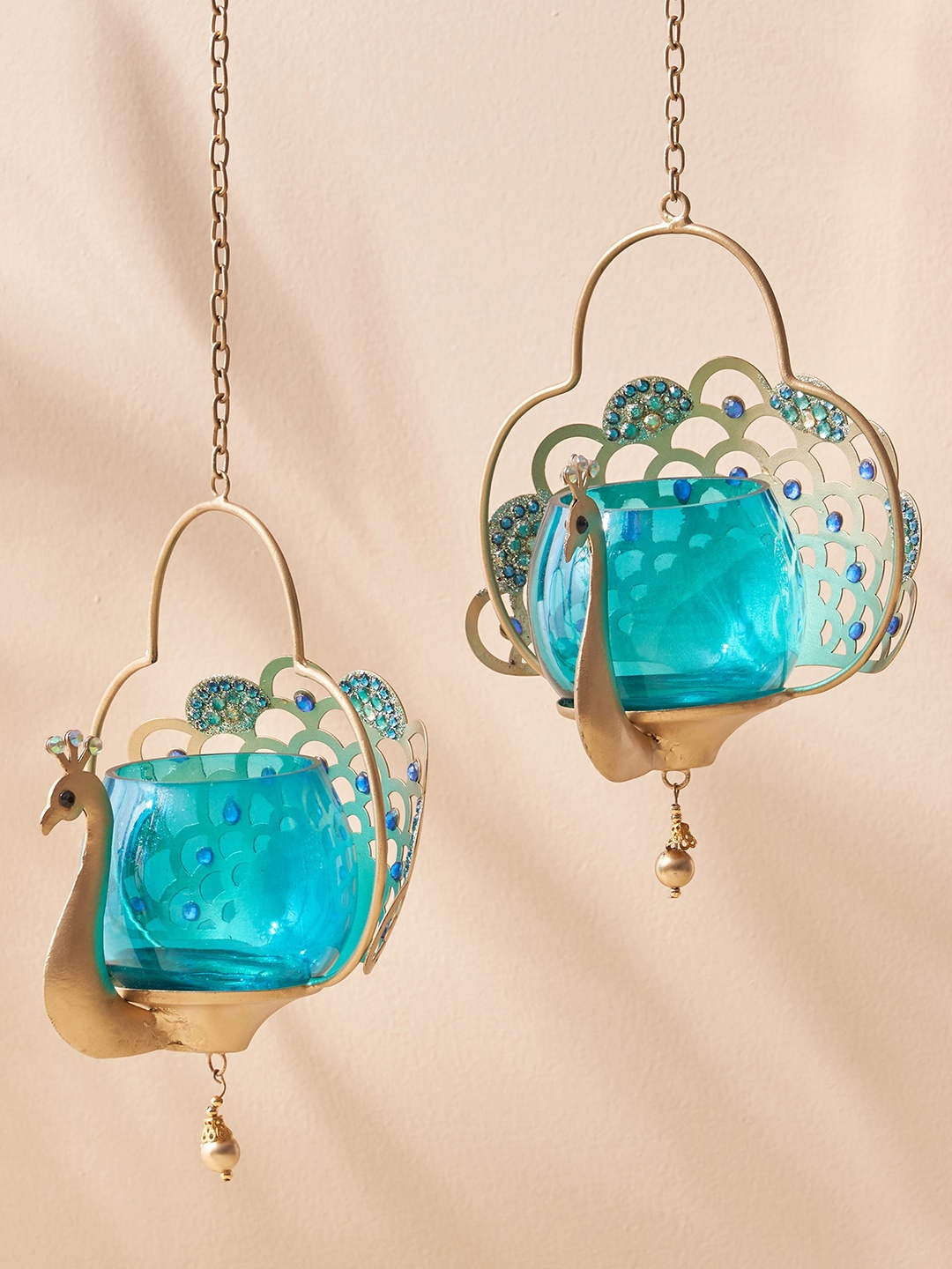 

Home Centre 2 Pcs Teal Blue Hanging Peacock T-Light Holder