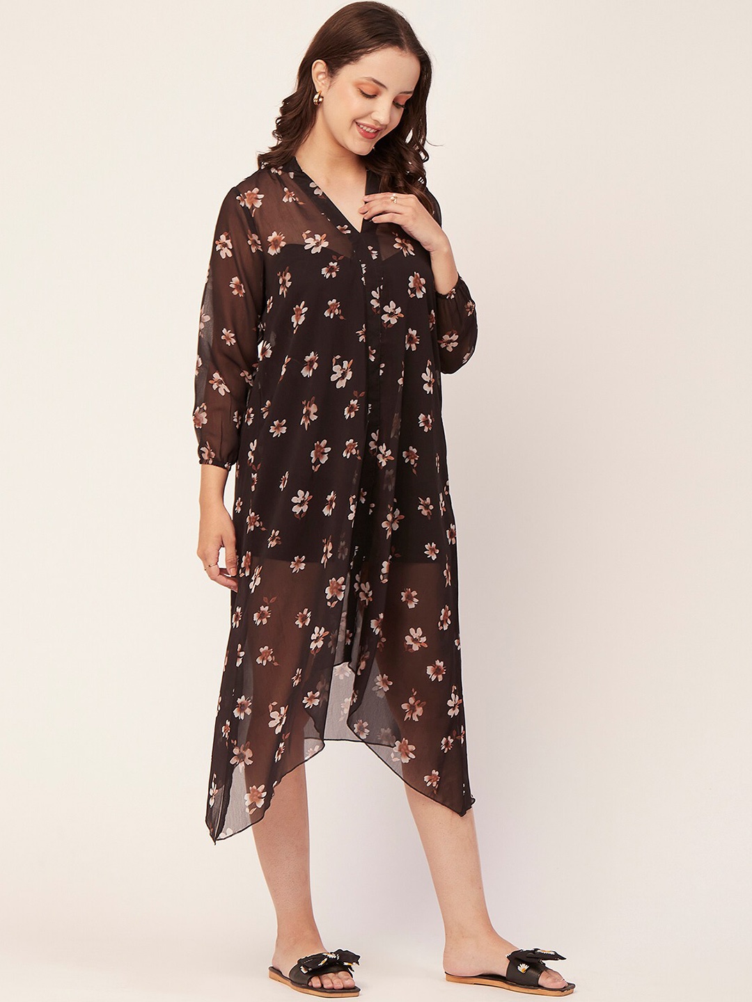 

Moomaya Floral Printed Mandarin Collar Swimwear Cover-Up Top, Black