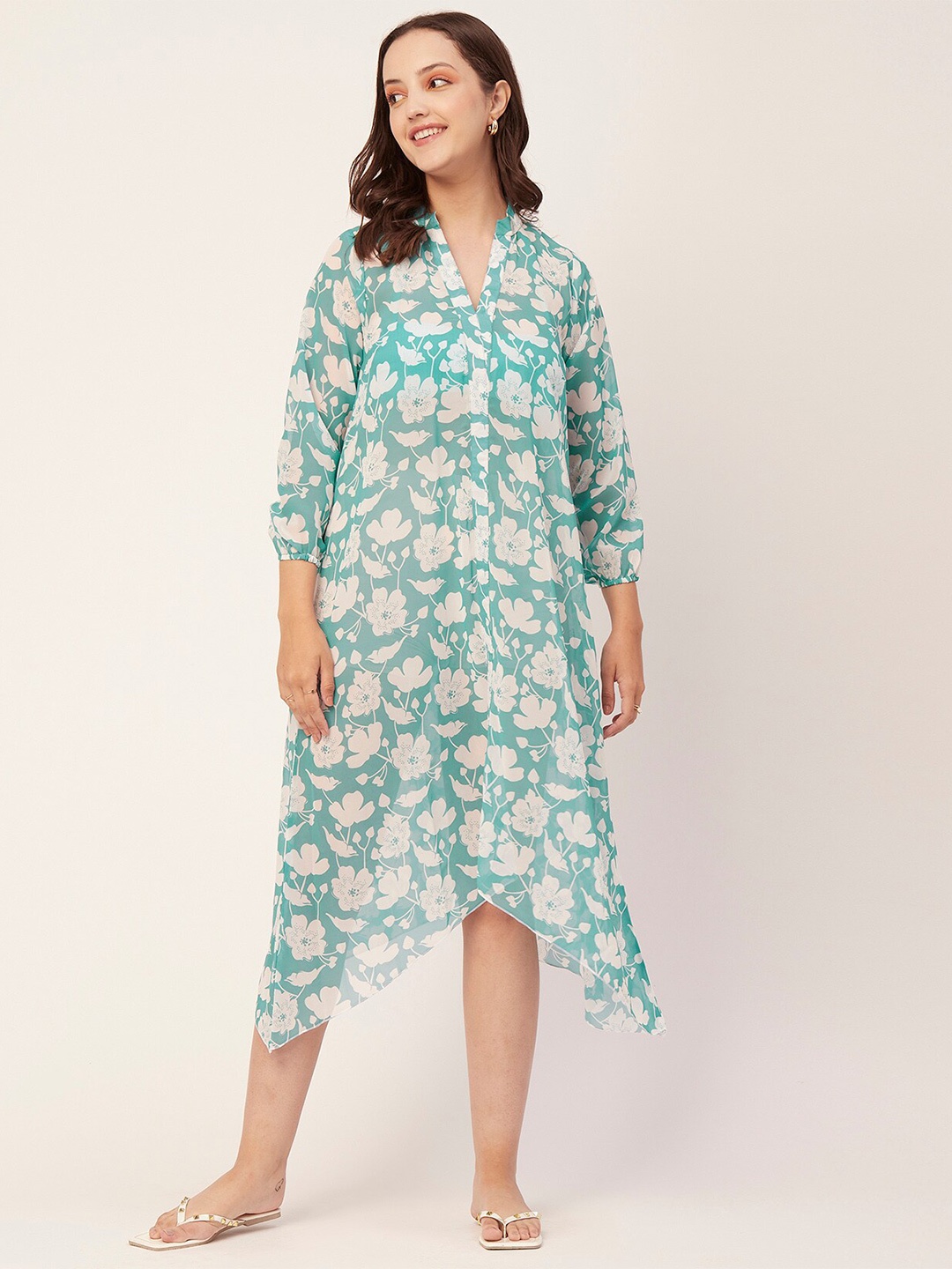 

Moomaya Floral Printed Mandarin Collar Swimwear Cover-Up Top, Turquoise blue