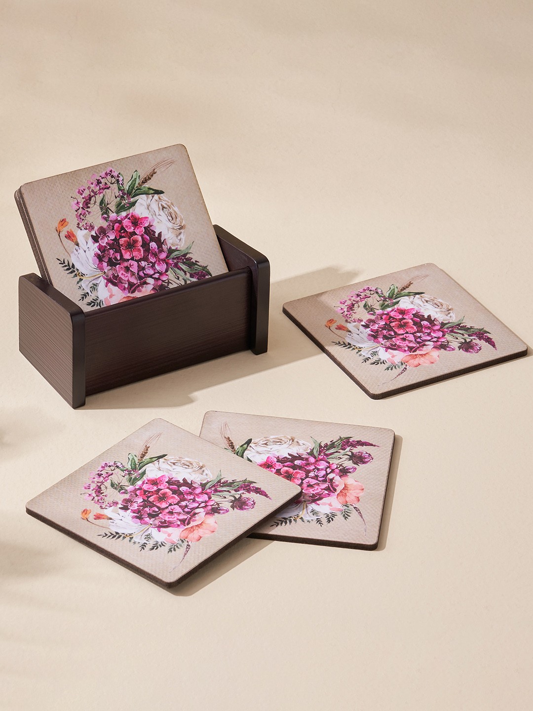 

Home Centre Gracie Purple & Beige 6 Pieces Printed MDF Square Coasters With Holder