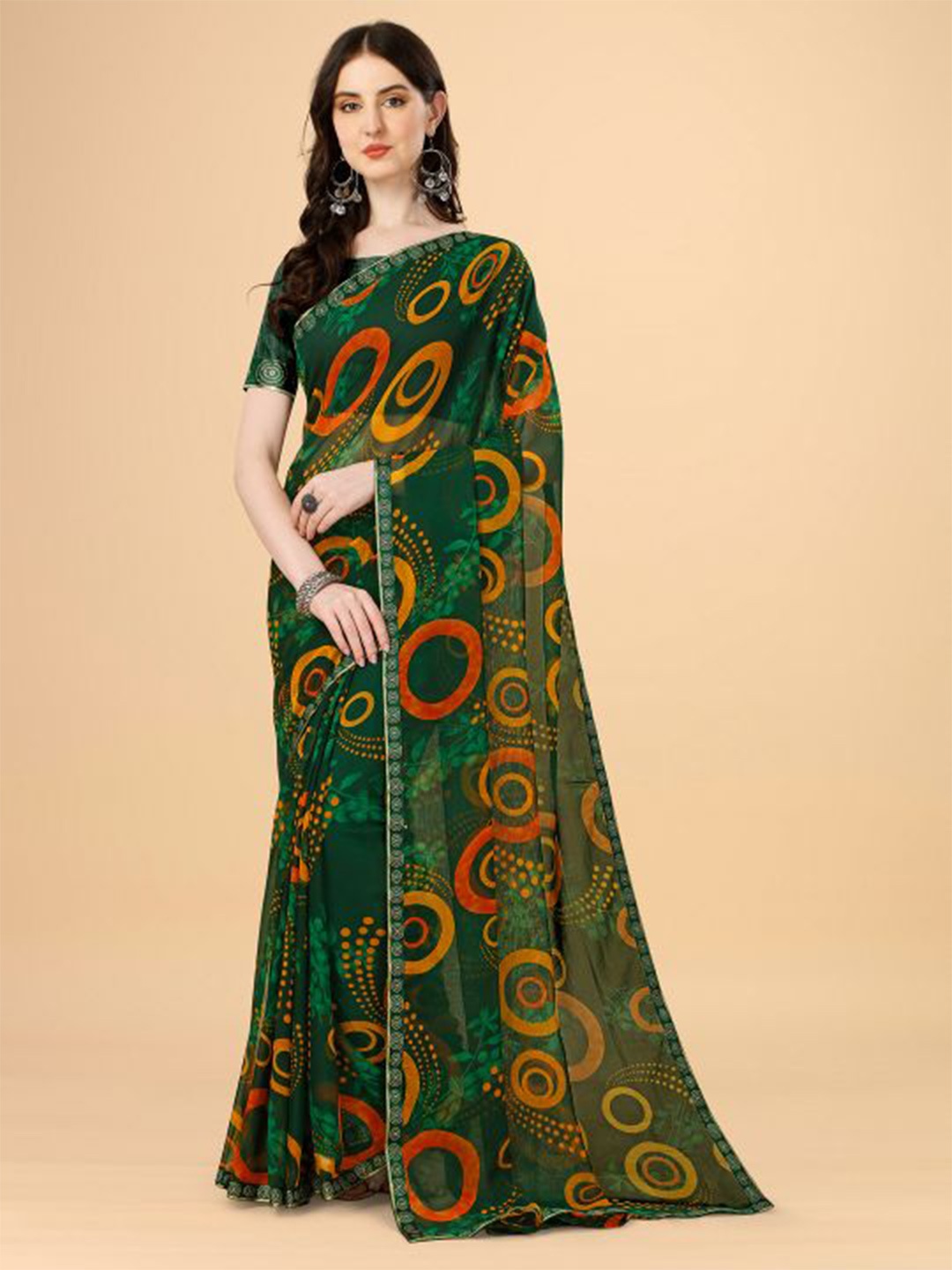 

Dori Geometric Printed Poly Chiffon Saree, Green