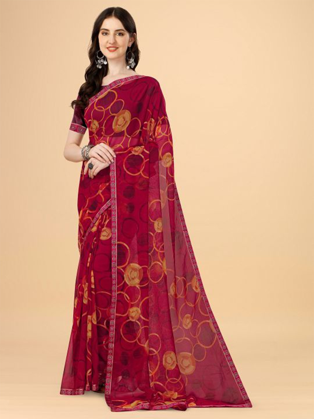 

Dori Geometric Printed Poly Chiffon Saree, Pink